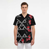 Hawaiian White Kakau Art Tattoo-Ohia Lehua and Taro Leaves Scrub Top - Polynesian Pride