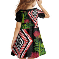 Aotearoa Tukutuku Motif Family Matching Off The Shoulder Long Sleeve Dress and Hawaiian Shirt Pohutukawa and Fern Leaves