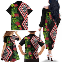 Aotearoa Tukutuku Motif Family Matching Off The Shoulder Long Sleeve Dress and Hawaiian Shirt Pohutukawa and Fern Leaves