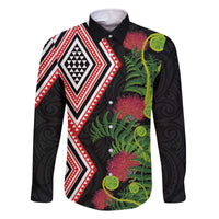Aotearoa Tukutuku Motif Family Matching Off The Shoulder Long Sleeve Dress and Hawaiian Shirt Pohutukawa and Fern Leaves