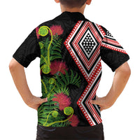 Aotearoa Tukutuku Motif Family Matching Short Sleeve Bodycon Dress and Hawaiian Shirt Pohutukawa and Fern Leaves LT03 - Polynesian Pride