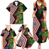 Aotearoa Tukutuku Motif Family Matching Summer Maxi Dress and Hawaiian Shirt Pohutukawa and Fern Leaves LT03 - Polynesian Pride
