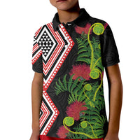 Aotearoa Tukutuku Motif Kid Polo Shirt Pohutukawa and Fern Leaves LT03 Kid Black - Polynesian Pride
