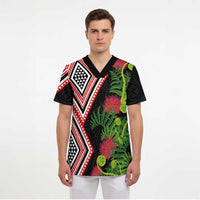 Aotearoa Tukutuku Motif Scrub Top Pohutukawa and Fern Leaves - Polynesian Pride