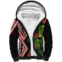 Aotearoa Tukutuku Motif Sherpa Hoodie Pohutukawa and Fern Leaves