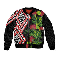 Aotearoa Tukutuku Motif Sleeve Zip Bomber Jacket Pohutukawa and Fern Leaves