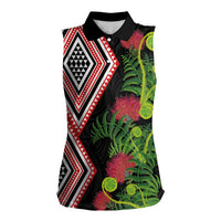 Aotearoa Tukutuku Motif Women Sleeveless Polo Shirt Pohutukawa and Fern Leaves LT03 Female Black - Polynesian Pride