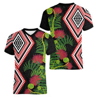 Aotearoa Tukutuku Motif Women V-Neck T-Shirt Pohutukawa and Fern Leaves LT03 - Polynesian Pride