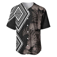 Aotearoa Tukutuku Motif Baseball Jersey Pohutukawa and Fern Leaves Grayscale Color LT03 Black - Polynesian Pride