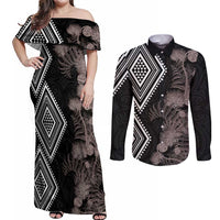 Aotearoa Tukutuku Motif Couples Matching Off Shoulder Maxi Dress and Long Sleeve Button Shirt Pohutukawa and Fern Leaves Grayscale Color LT03 Black - Polynesian Pride