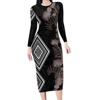 Aotearoa Tukutuku Motif Family Matching Long Sleeve Bodycon Dress and Hawaiian Shirt Pohutukawa and Fern Leaves Grayscale Color LT03 Mom's Dress Black - Polynesian Pride
