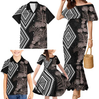 Aotearoa Tukutuku Motif Family Matching Mermaid Dress and Hawaiian Shirt Pohutukawa and Fern Leaves Grayscale Color LT03 - Polynesian Pride