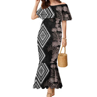 Aotearoa Tukutuku Motif Family Matching Mermaid Dress and Hawaiian Shirt Pohutukawa and Fern Leaves Grayscale Color LT03 Mom's Dress Black - Polynesian Pride
