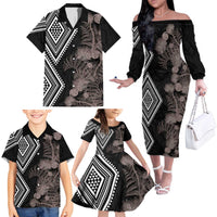 Aotearoa Tukutuku Motif Family Matching Off The Shoulder Long Sleeve Dress and Hawaiian Shirt Pohutukawa and Fern Leaves Grayscale Color