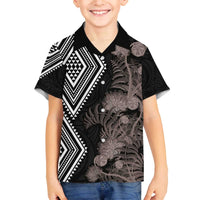 Aotearoa Tukutuku Motif Family Matching Off The Shoulder Long Sleeve Dress and Hawaiian Shirt Pohutukawa and Fern Leaves Grayscale Color
