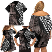 Aotearoa Tukutuku Motif Family Matching Off Shoulder Short Dress and Hawaiian Shirt Pohutukawa and Fern Leaves Grayscale Color LT03 - Polynesian Pride