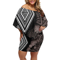 Aotearoa Tukutuku Motif Family Matching Off Shoulder Short Dress and Hawaiian Shirt Pohutukawa and Fern Leaves Grayscale Color LT03 Mom's Dress Black - Polynesian Pride