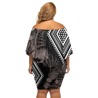 Aotearoa Tukutuku Motif Family Matching Off Shoulder Short Dress and Hawaiian Shirt Pohutukawa and Fern Leaves Grayscale Color LT03 - Polynesian Pride