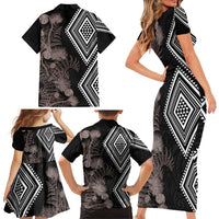 Aotearoa Tukutuku Motif Family Matching Short Sleeve Bodycon Dress and Hawaiian Shirt Pohutukawa and Fern Leaves Grayscale Color LT03 - Polynesian Pride