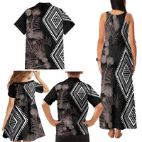 Aotearoa Tukutuku Motif Family Matching Tank Maxi Dress and Hawaiian Shirt Pohutukawa and Fern Leaves Grayscale Color LT03 - Polynesian Pride