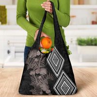 Aotearoa Tukutuku Motif Grocery Bag Pohutukawa and Fern Leaves Grayscale Color LT03 - Polynesian Pride