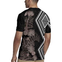 Aotearoa Tukutuku Motif Rugby Jersey Pohutukawa and Fern Leaves Grayscale Color LT03 - Polynesian Pride
