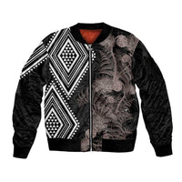 Aotearoa Tukutuku Motif Sleeve Zip Bomber Jacket Pohutukawa and Fern Leaves Grayscale Color