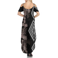 Aotearoa Tukutuku Motif Summer Maxi Dress Pohutukawa and Fern Leaves Grayscale Color