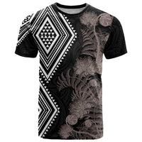 Aotearoa Tukutuku Motif T Shirt Pohutukawa and Fern Leaves Grayscale Color LT03 Black - Polynesian Pride