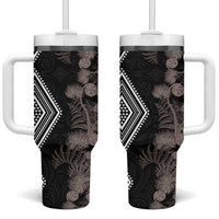 Aotearoa Tukutuku Motif Tumbler With Handle Pohutukawa and Fern Leaves Grayscale Color LT03 One Size: 40 oz Black - Polynesian Pride
