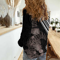 Aotearoa Tukutuku Motif Women Casual Shirt Pohutukawa and Fern Leaves Grayscale Color LT03 - Polynesian Pride