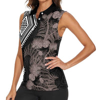 Aotearoa Tukutuku Motif Women Sleeveless Polo Shirt Pohutukawa and Fern Leaves Grayscale Color LT03 - Polynesian Pride