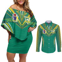Custom Cook Islands Rugby Couples Matching Off Shoulder Short Dress and Long Sleeve Button Shirt Tatau Art Sport Style Green Color