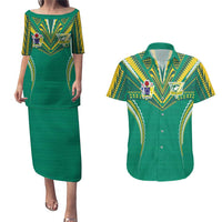 Custom Cook Islands Rugby Couples Matching Puletasi and Hawaiian Shirt Tatau Art Sport Style Green Color