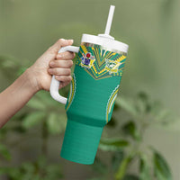 Custom Cook Islands Rugby Tumbler With Handle Tatau Art Sport Style Green Color LT03 - Polynesian Pride