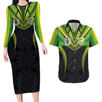 Custom Cook Islands Rugby Couples Matching Long Sleeve Bodycon Dress and Hawaiian Shirt Tatau Art Sport Style Black Color LT03 Black - Polynesian Pride
