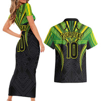 Custom Cook Islands Rugby Couples Matching Short Sleeve Bodycon Dress and Hawaiian Shirt Tatau Art Sport Style Black Color LT03 - Polynesian Pride