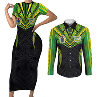 Custom Cook Islands Rugby Couples Matching Short Sleeve Bodycon Dress and Long Sleeve Button Shirt Tatau Art Sport Style Black Color