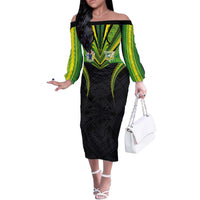 Custom Cook Islands Rugby Off The Shoulder Long Sleeve Dress Tatau Art Sport Style Black Color LT03 Women Black - Polynesian Pride