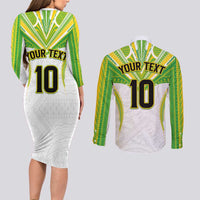 Custom Cook Islands Rugby Couples Matching Long Sleeve Bodycon Dress and Long Sleeve Button Shirt Tatau Art Sport Style White Color