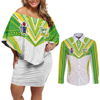 Custom Cook Islands Rugby Couples Matching Off Shoulder Short Dress and Long Sleeve Button Shirt Tatau Art Sport Style White Color LT03 White - Polynesian Pride