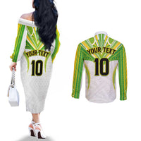 Custom Cook Islands Rugby Couples Matching Off The Shoulder Long Sleeve Dress and Long Sleeve Button Shirt Tatau Art Sport Style White Color
