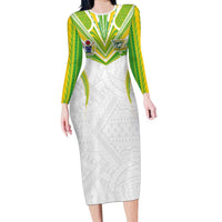 Custom Cook Islands Rugby Long Sleeve Bodycon Dress Tatau Art Sport Style White Color LT03 Long Dress White - Polynesian Pride