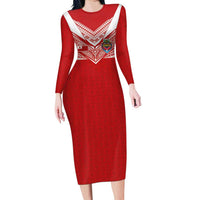 Custom Tonga Rugby Family Matching Long Sleeve Bodycon Dress and Hawaiian Shirt Ngatu Motifs and Pacific Patterns LT03 Mom's Dress Red - Polynesian Pride