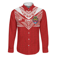 Custom Tonga Rugby Family Matching Off Shoulder Maxi Dress and Hawaiian Shirt Ngatu Motifs and Pacific Patterns LT03 Dad's Shirt - Long Sleeve Red - Polynesian Pride