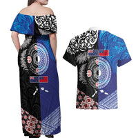 Samoa and Aotearoa Together Couples Matching Off Shoulder Maxi Dress and Hawaiian Shirt Tatau Art Tattoos-Taniko and Maori with Fern LT03 - Polynesian Pride