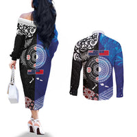 Samoa and Aotearoa Together Couples Matching Off The Shoulder Long Sleeve Dress and Long Sleeve Button Shirt Tatau Art Tattoos-Taniko and Maori with Fern