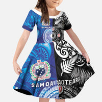 Samoa and Aotearoa Together Family Matching Long Sleeve Bodycon Dress and Hawaiian Shirt Tatau Art Tattoos-Taniko and Maori with Fern LT03 Daughter's Dress Black - Polynesian Pride