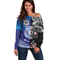 Samoa and Aotearoa Together Off Shoulder Sweater Tatau Art Tattoos-Taniko and Maori with Fern LT03 Women Black - Polynesian Pride