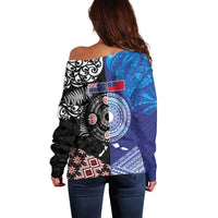 Samoa and Aotearoa Together Off Shoulder Sweater Tatau Art Tattoos-Taniko and Maori with Fern LT03 - Polynesian Pride